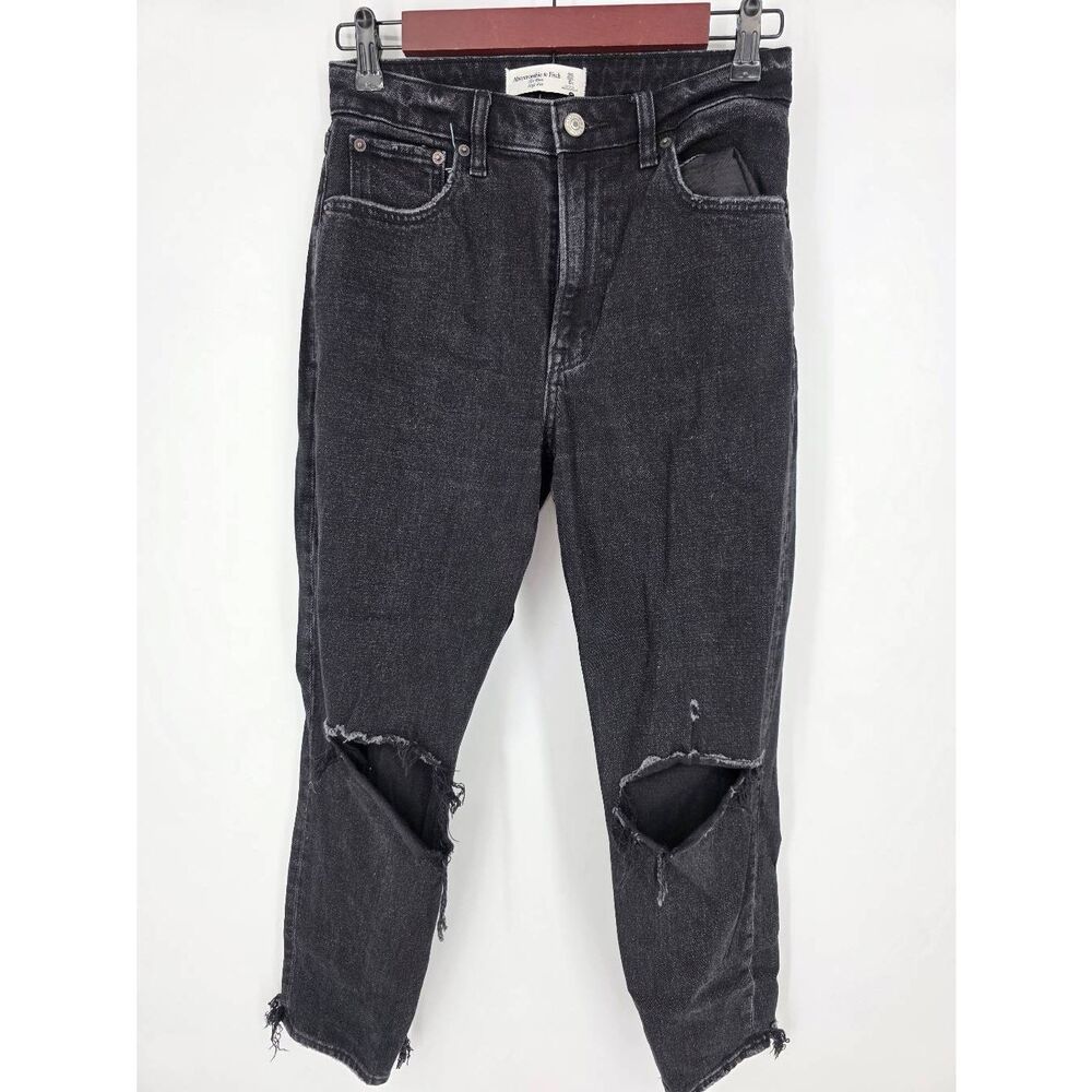 Abercrombie & Fitch The Mom High rise black denim jeans distressed Size 0 Short‎